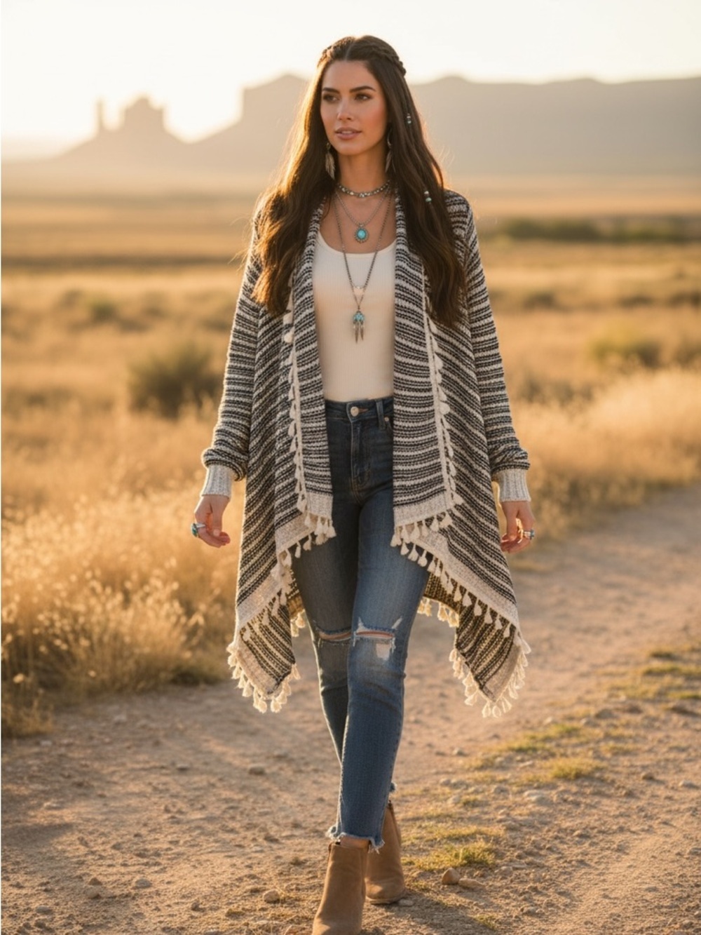 In the beginning Western Boho Tassel Cardigan Waterfall Drape Aztec Stripe